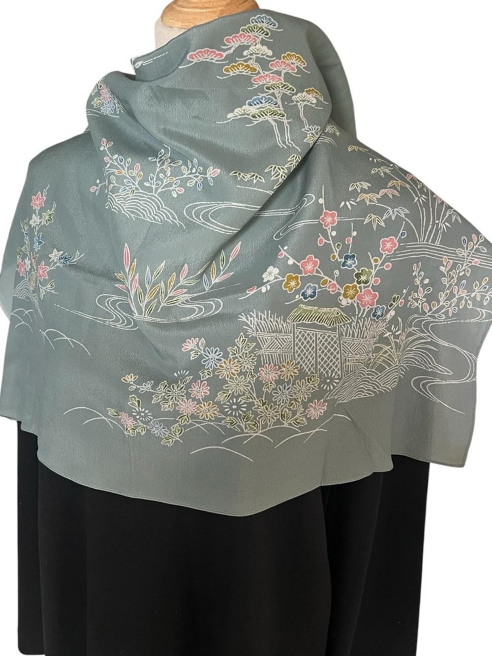 Japanese vintage Sage Green Floral Silk Scarf with rolled edges excellent condit